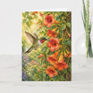 Cartão Beija-flor Trombeta Vinha Aquarela Branco