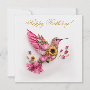 Cartão Beija-flor Voando com Girassóis Feliz Aniversário