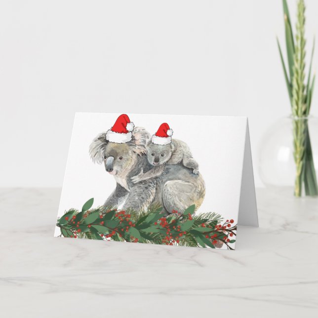 Cartão Bela Animal Watercolor Family Natal Koala (Frente)