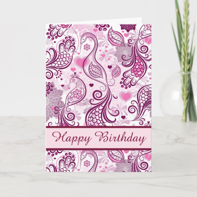 Cartão Bela Design de pássaro rosa feliz aniversário (Frente)