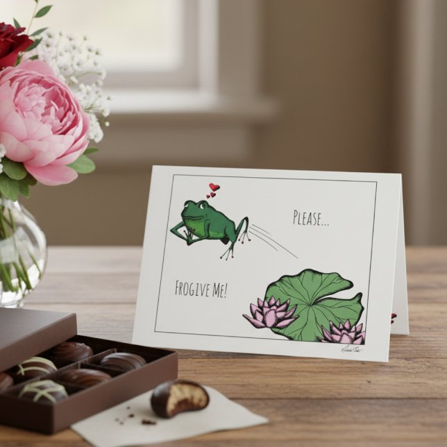 Cartão Bela oração, Rã, Por Favor Me Peça Desculpa. (Please Frogive Me Romance Forgiveness Cards to Say Sorry for Husband or Wife. Cute Frog Illustration)