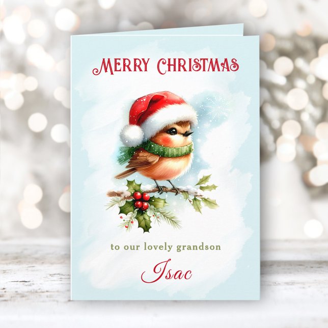 Cartão Bela Robin No Natal Vovô Crianças Do Chapéu (Cute Robin In Santa Hat Grandson Kids Christmas Card)