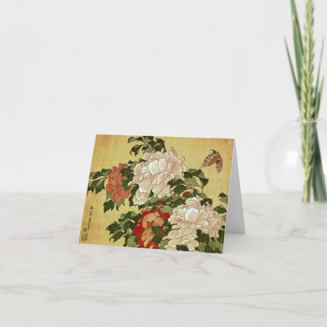 Cartão Belas artes do japonês de Hokusai das peônias & (Frente)