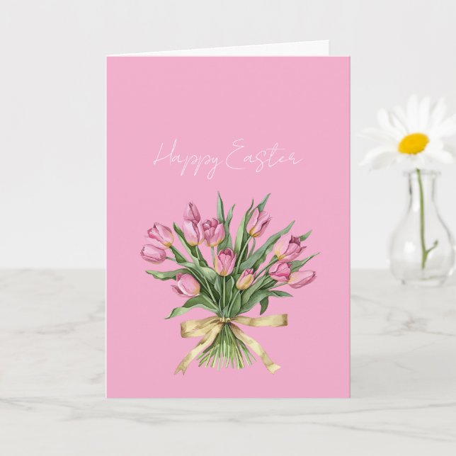 Cartão Belas Flores de Tulipa Rosa Arco Dourado Páscoa (Planta pequena)
