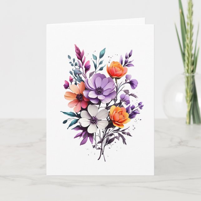 Cartão Belas Flores Laranja Roxo Branco Em Branco  (Frente)