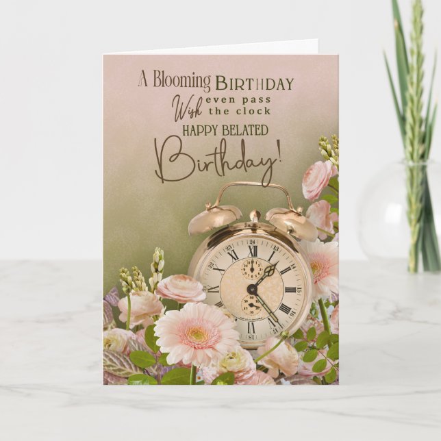 Cartão Belated Birthday Floral Greeting Vintage Clock (Frente)