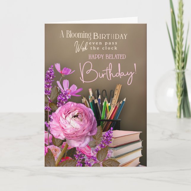Cartão Belated Tutor Birthday – Pink Roses & Study Theme (Frente)