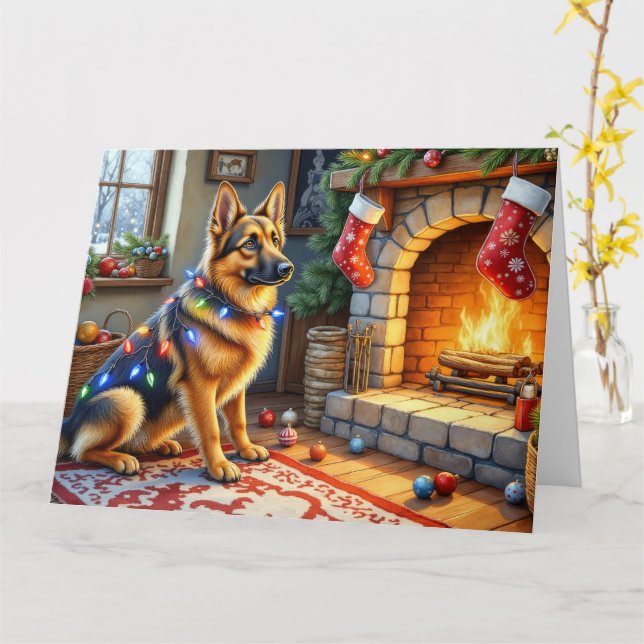 Cartão Belgian Shepherd Fireplace with Christmas Lights (Flor Amarela)