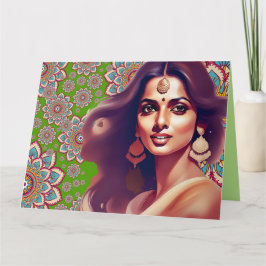 CARTÃO BELÍSSIMA MULHER INDIANA ORIENTAL MANDALA COLORIDO