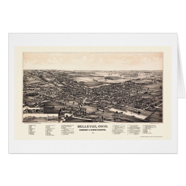 Cartão Bellevue, mapa panorâmico do OH - 1888 (Frente Horizontal)