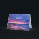 Cartão Belo aniversário da fotografia costeira sunset<br><div class="desc">Cartão de aniversário com uma fotografia encantadora com cores marcantes de roxo,  azul e rosa no pôr do sol. Uma bonito linha costeira espalhada por rochas.</div>