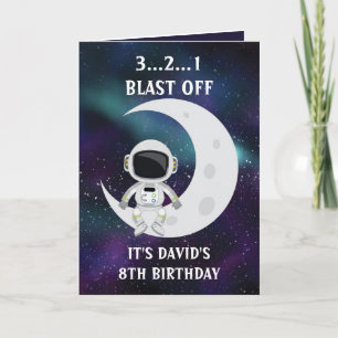 Cartão Belo Astronauta Espacial Azul Lua 8º Aniversário