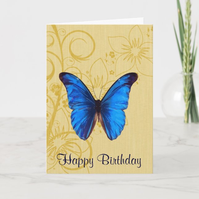 Cartão Belo Blue Butterfly Birthday Vintage art (Frente)