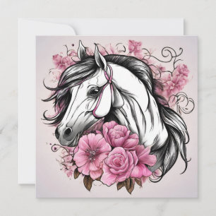 Cartão Belo Cavalo Branco com Flores Rosa