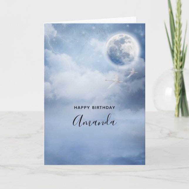 Cartão Belo Céu Azul com Cisnes Voadores de Aniversário (Frente)