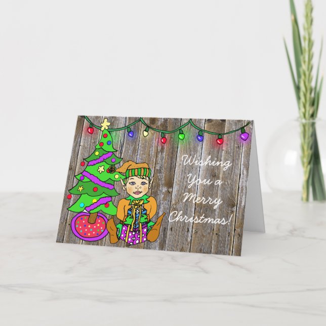 Cartão Belo Elfo e Luzes de Natal Personalizados (Frente)