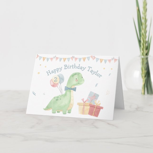 Cartão Belo Feliz Aniversário Dinossauro Aquarela Dois An (Frente)