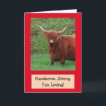 Cartão Belo Funny Highland Steer Birthday<br><div class="desc">Você é homem,  tem tudo,  certo? Bonito,  forte,  e adora divertir-se! Mostre-lhe o quão especial ele é para você com este bote de aniversário divertido e lisonjeiro. Personalize as mensagens para criar a sua saudação exclusiva. Obrigados por olhar e esperar que goste! Foto ©Christine Greenspan</div>