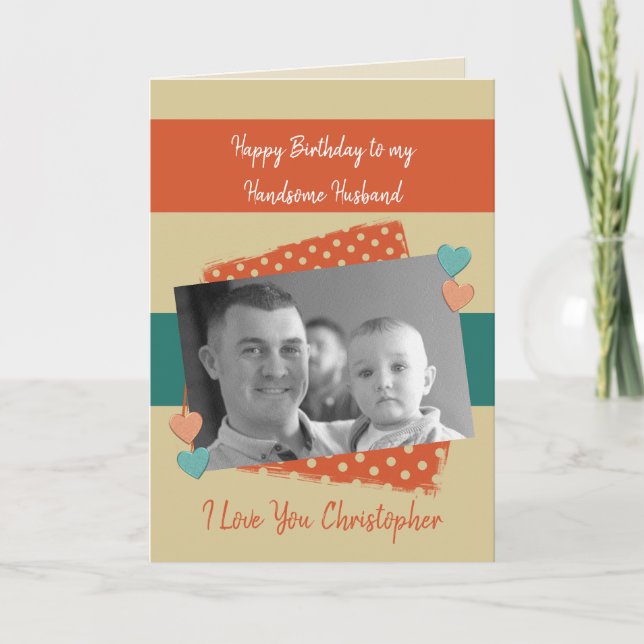 Cartão Belo marido na sua foto laranja de aniversário (Frente)