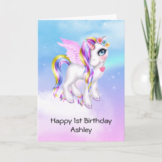 Cartão Belo Unicórnio com Rainbow Mane Birthday (Frente)