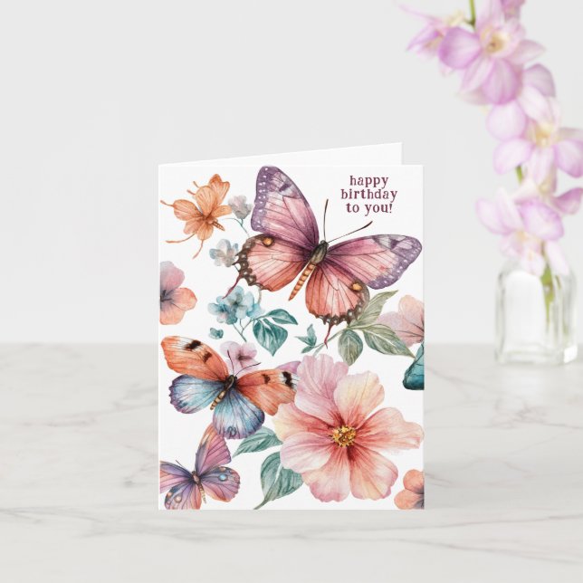 Cartão Belos Borboletas e Flores Feliz Aniversário (Orquídea)