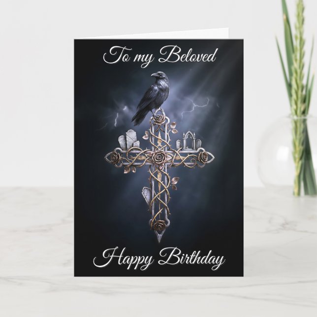 Cartão Beloved Personalized Gothic Cross Raven Birthday (Frente)