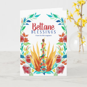 Cartão Beltane abençoa Incêndio Floral Colorido e Maypole