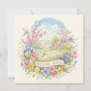 Cartão Bem-vinda Primavera Flores de Aquarela e Beija-flo
