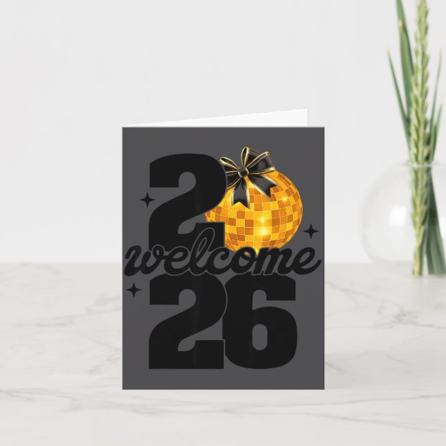 Cartão Bem-vindo 2026 Feliz Ano Novo Bola de Discoteca e  (Frente)