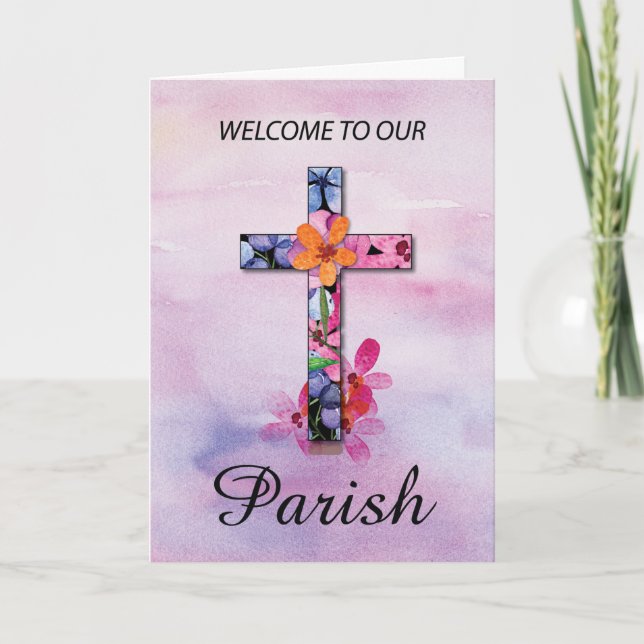 Cartão Bem-vindo à Nossa Paróquia Cruz Aquarela Flores (Frente)