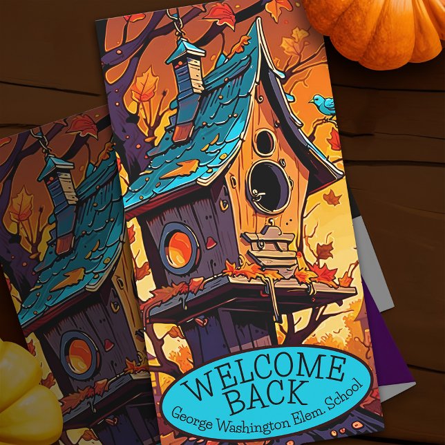 Cartão Bem-vindos Professores de Trás Queda da Casa de An (Welcome back to school bird house schoolhouse fall leaves greeting card)