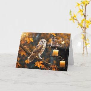 Cartão Bênção do Samhain com bela imagem mística de coruj