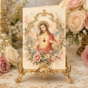 Cartão Bênçãos de Aniversário do Sagrado Coração Vintage