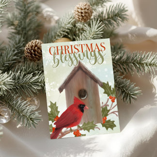 Cartão Bênçãos de Natal Cardinal e Casa de Pássaros