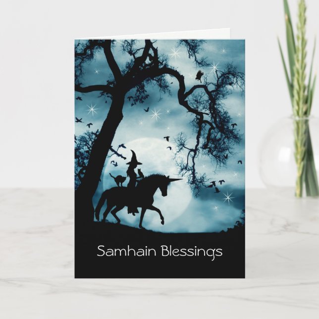 Cartão Bênçãos de Samhain Inspiradas em Wicca com Unicórn (Frente)