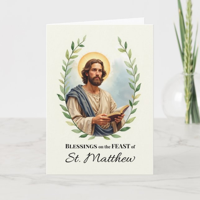 Cartão Bênçãos do Dia de São Mateus com Coroa de Folhas (Frente)