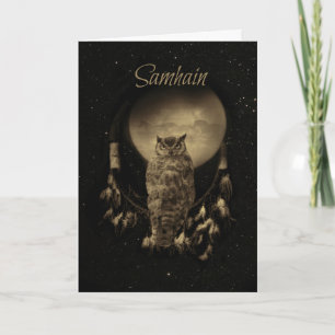 Cartão Bênçãos do Samhain Com Coruja e Apanhador de Sonho