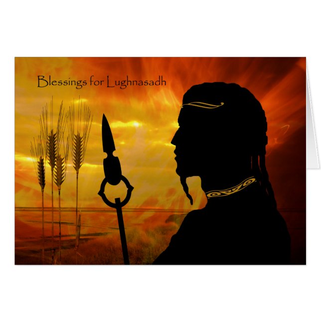 Cartão Bênçãos para Lughnasadh, Sun Deus Lugh e Trigo (Frente Horizontal)