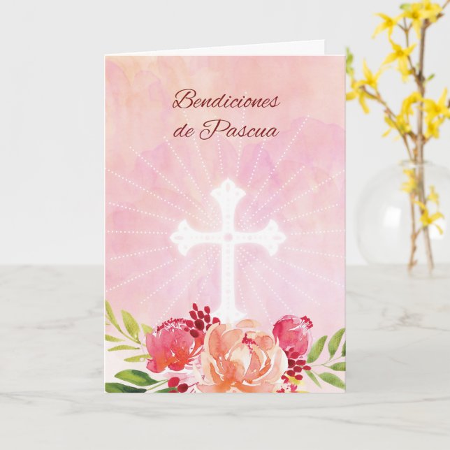 Cartão Bendiciones de Pascua en español Flores rosadas (Flor Amarela)