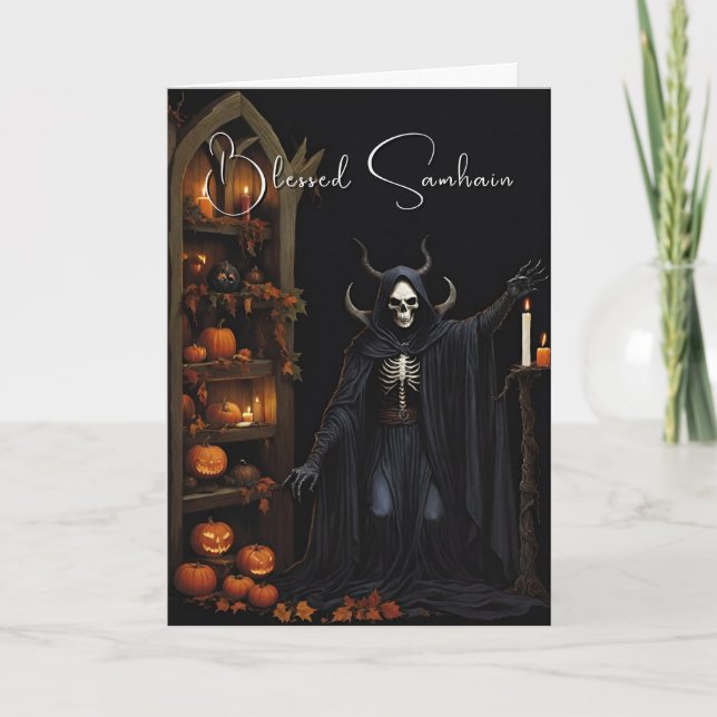 Cartão Bendito Samhain Halloween Skeleton Pumpkins (Frente)