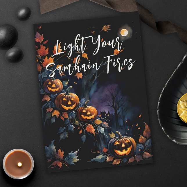 Cartão Bendito Samhain Night Halloween Pumpkins Fall (Blessed Samhain Night Halloween Pumpkins Fall Fires Greeting Card)