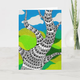 Cartão Bendy Tree Design Clouds Grassy Landscape Card