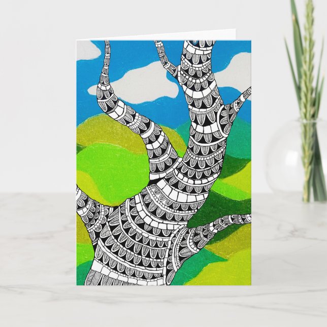 Cartão Bendy Tree Design Clouds Grassy Landscape Card (Frente)
