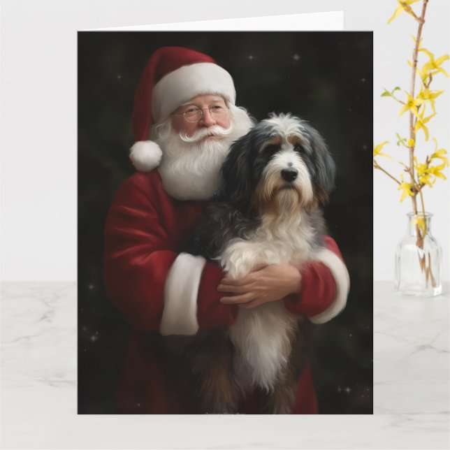 Cartão Bernedoodle com Papai Noel Natal Festivo (Flor Amarela)