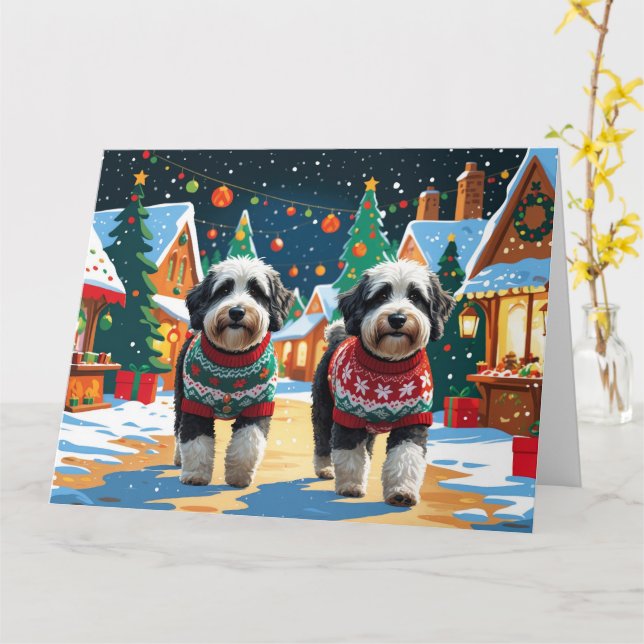 Cartão Bernedoodle Dogs Feriado de Natal (Flor Amarela)