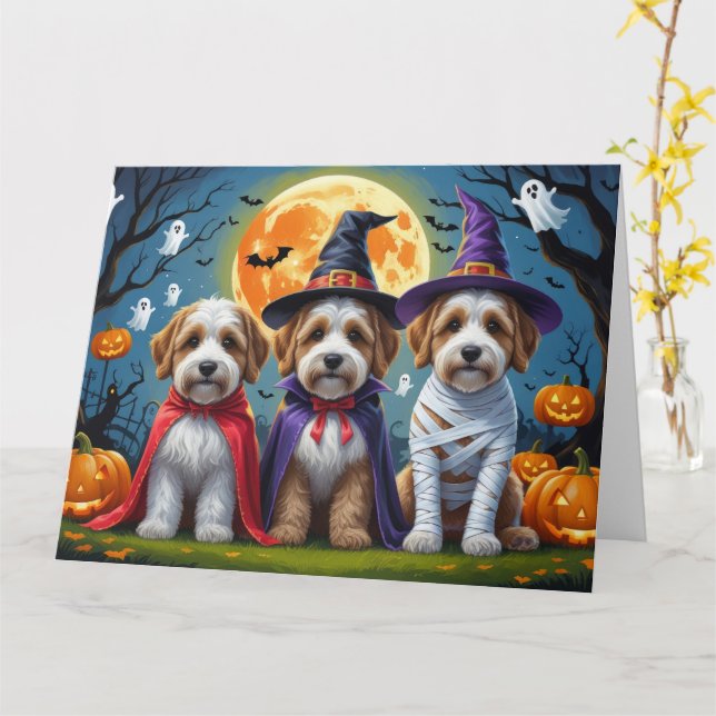 Cartão Bernedoodle Dogs Pumpkin Halloween Engraçado (Flor Amarela)