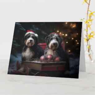 Cartão Bernedoodle Snowy Sleigh Decência de Natal