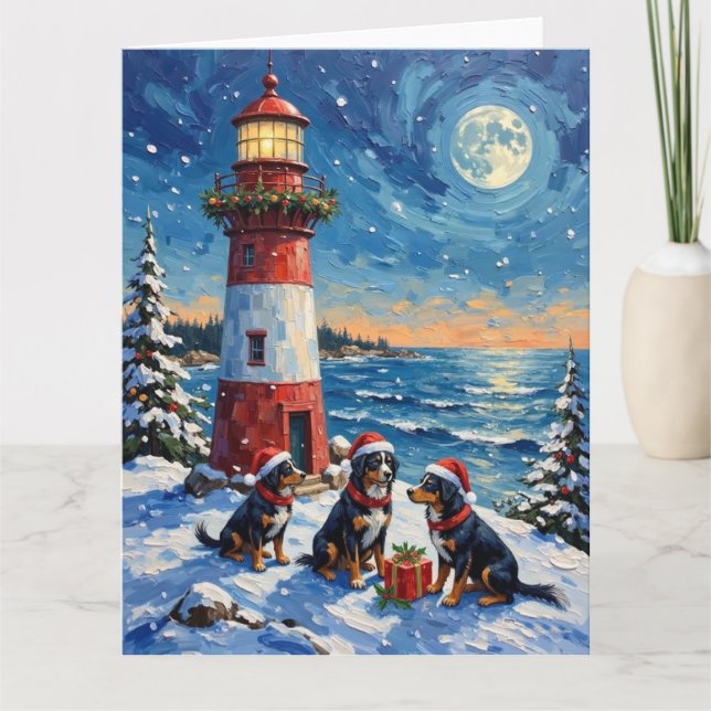 Cartão Bernese Mountain Dog Christmas Lighthouse Holiday (Frente)