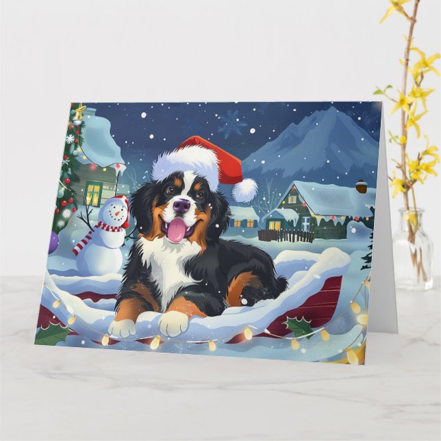 Cartão Bernese Mountain Dog no Natal da neve em Sleigh (Flor Amarela)