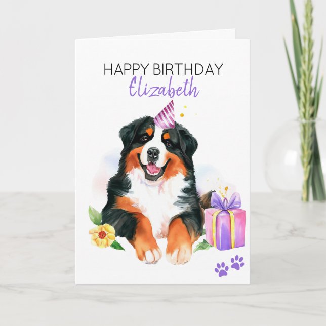 Cartão Bernese Mountain Dog Personalizou Feliz Aniversári (Frente)